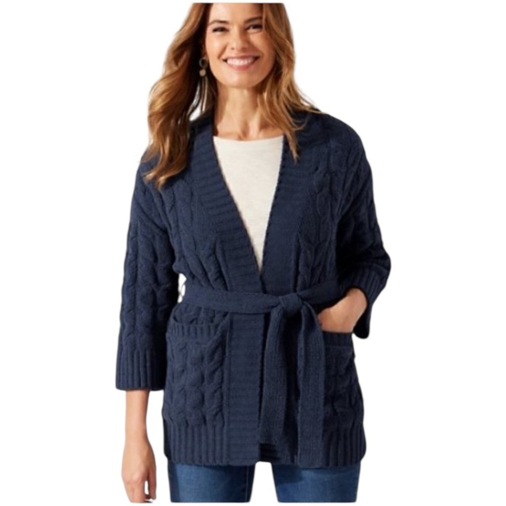 Tommy Bahama‎ Womens Medium Chenille Cable Knit Navy Blue Open Face Cardigan